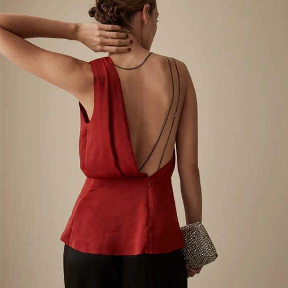 REISS Adalee Chain Back One Shoulder Satin Backless Top - Picture 2 of 8
